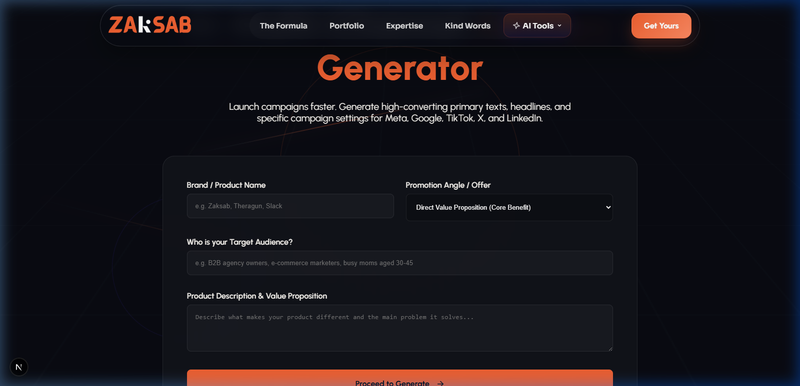 AI Ad Copy Generator interface screenshot