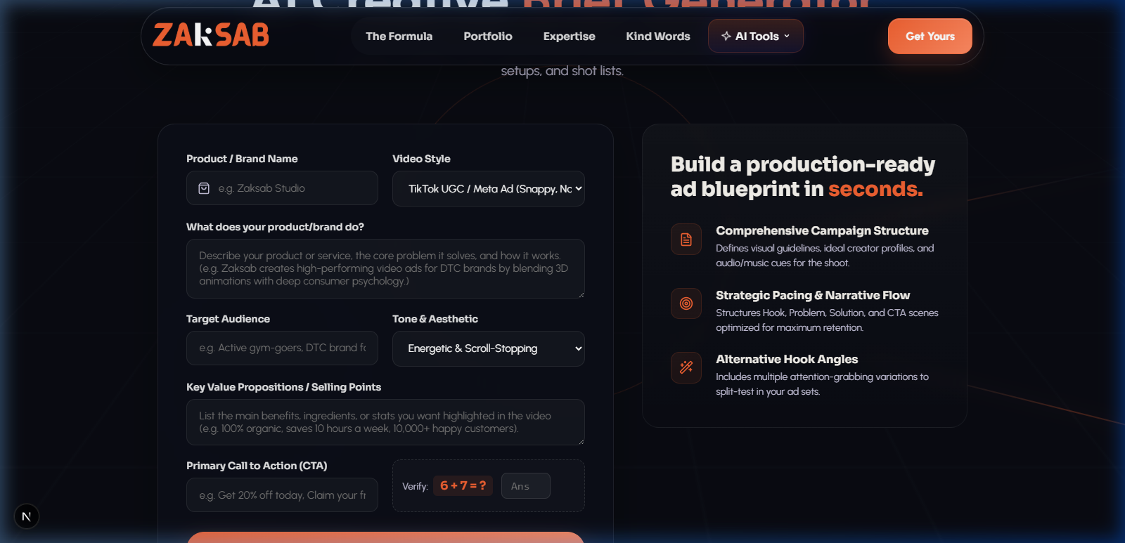 AI Video Creative Brief Generator interface screenshot