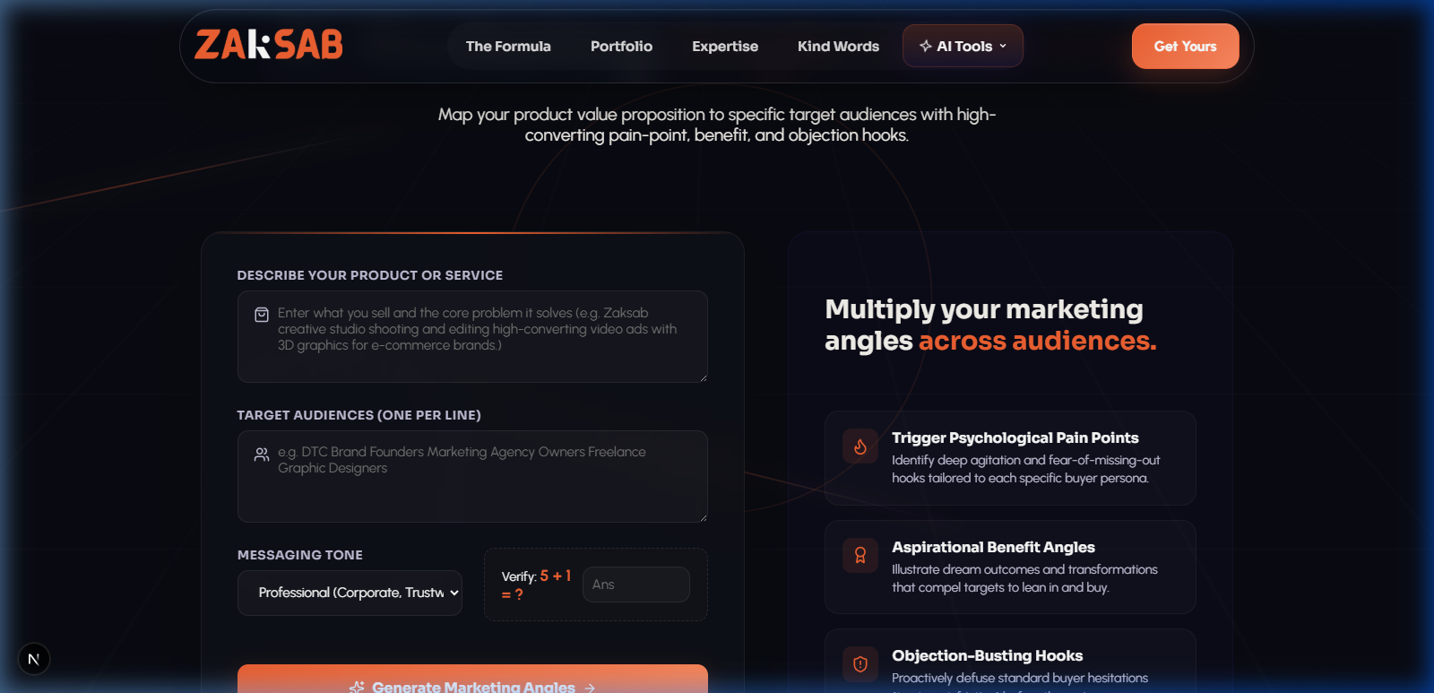 AI Marketing Angle Generator interface screenshot