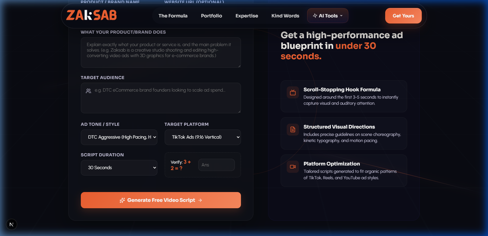 AI Video Ad Script Generator interface screenshot